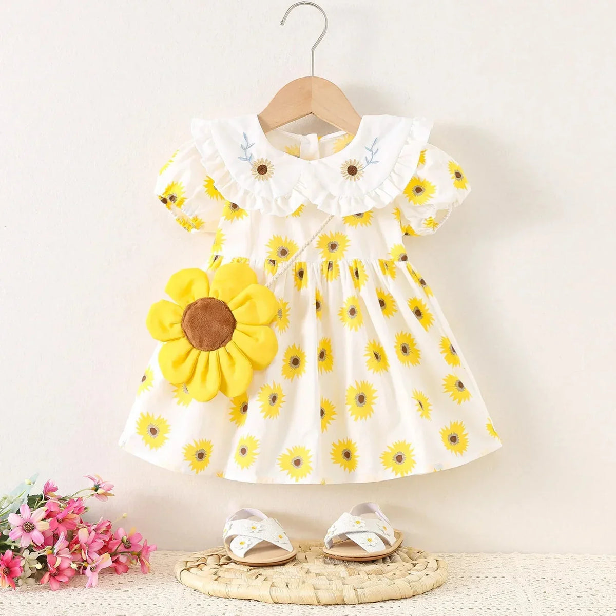 Vestido Infantil Verão Girassol + Adereço