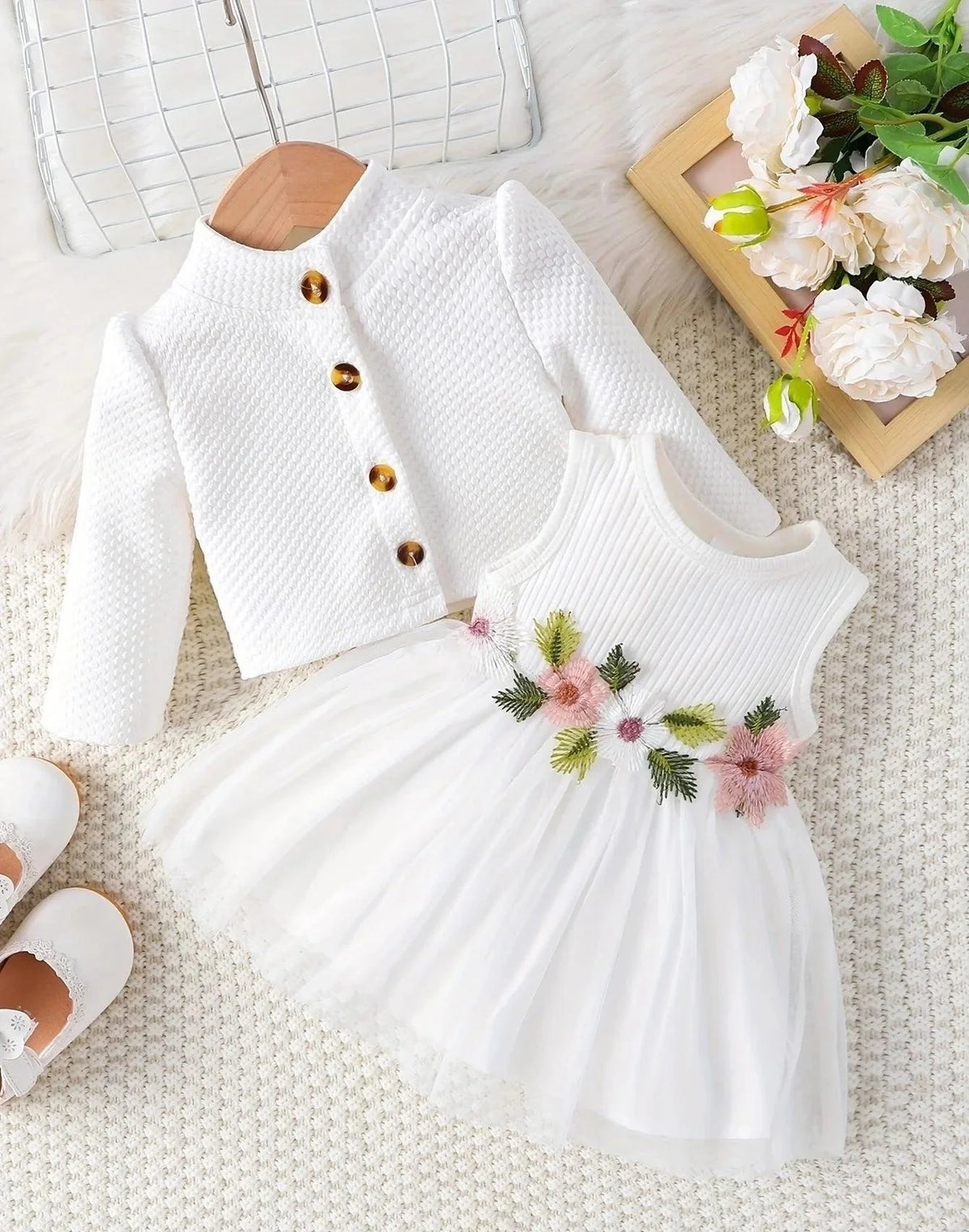 Conjunto Infantil Vestido Flor+ Casaquinho